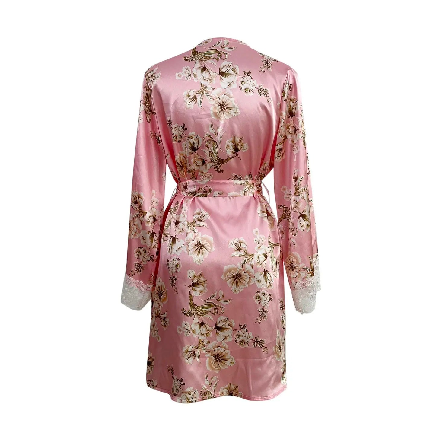 Women's Satin Nightgown Sexy Lace Patchwork Home Bathrobe Printed Robe with Belt Women's Bridal Party Casual Nightgown