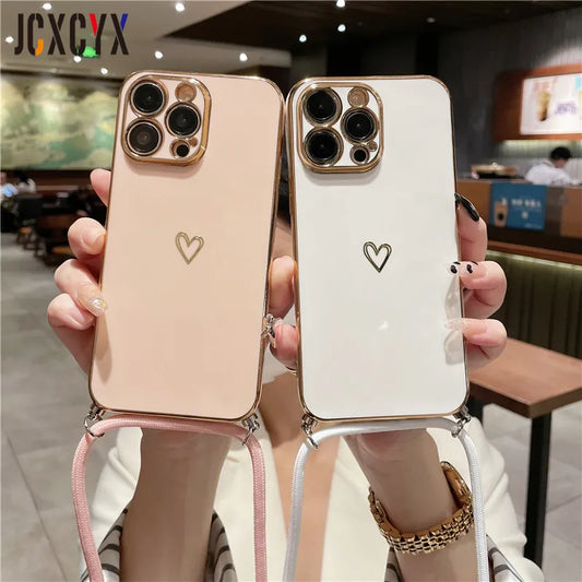 Crossbody Lanyard Cord Plating Love Soft Case For iPhone 14 Pro Max 13 12 11 XS XR 8 7 Plus SE3 MiNi Lens Protector Back Cover San Remo