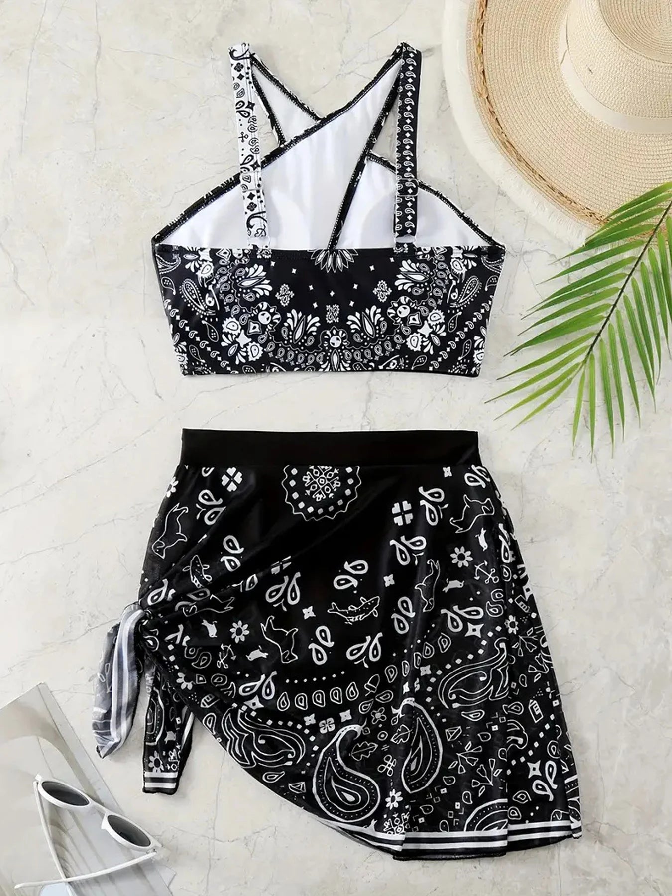 2024 Print Hollow Cross Bikini Set Straps Tied Skirt Swimwear For Women Bsckless 2 Piece Beach Swimsuit Bathing Suit San Remo Shops