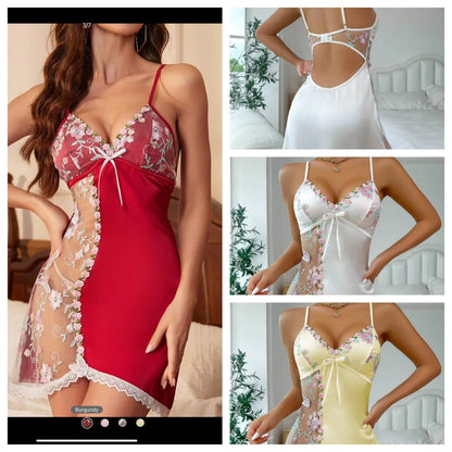 Sheer Embroidered Mesh & Satin Deep-V Chemise Nightgown – TikTok Viral Sensation in EU/US