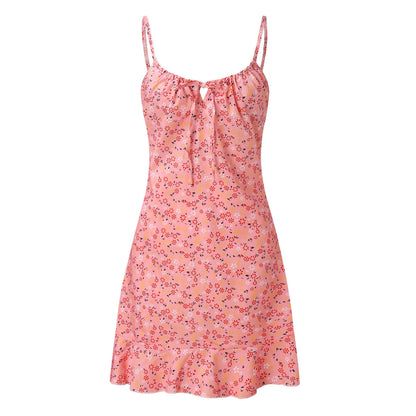 Kleid für Damen, Spaghettiträger, ärmellos, modisch, Blumendruck, figurbetontes Minikleid, Sommerkleid mit Rüschen, für den Strandurlaub