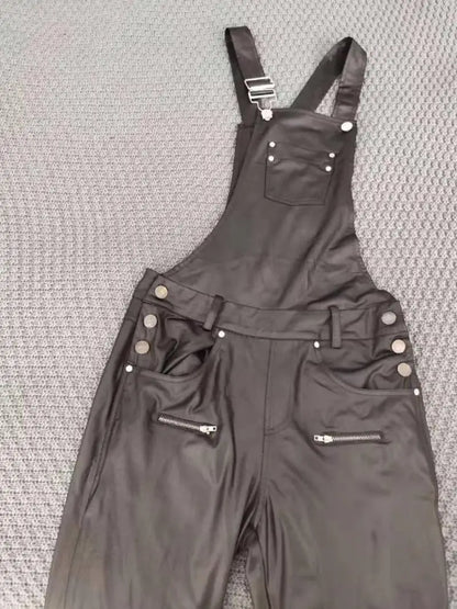 Jumpsuit Shoulder Strap Square Neck Sleeveless Pu Leather Buckle Zipper Suspender Tight Fitting