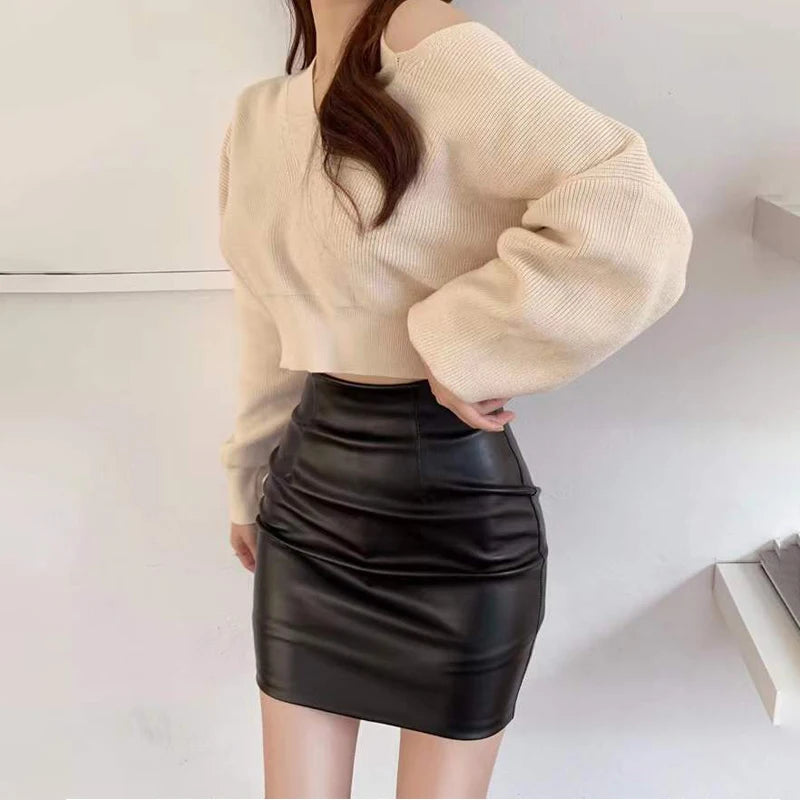 Black Mini Pu Leather Skirt Women Korean Fashion High-Waisted Elasticity Punk Style Bodycon Goth Sexy Skirts Female San Remo