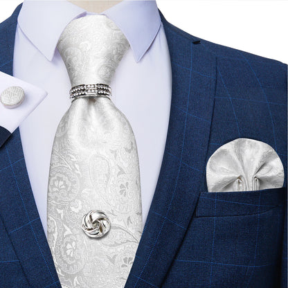 Striped  Necktie Handkerchief Cuffinks Ring Set