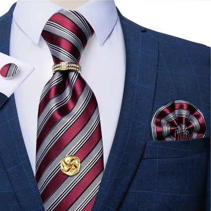 Striped  Necktie Handkerchief Cuffinks Ring Set