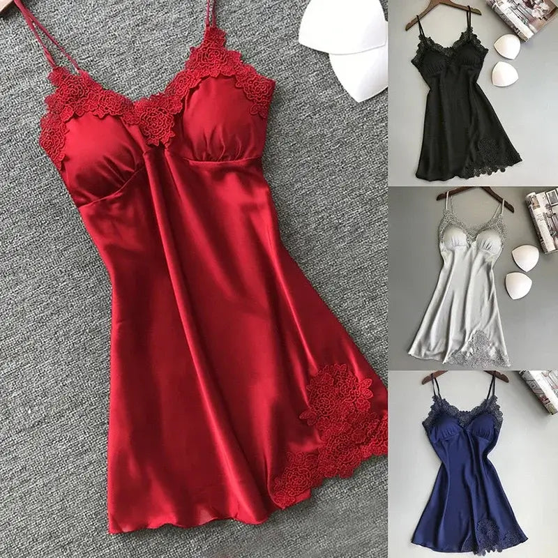 Ladies Silk Satin Night Dress Sleeveless Nighties V-neck Nightgown Nightdress Lace Sleepwear Nightwear For Women Sleep Tops