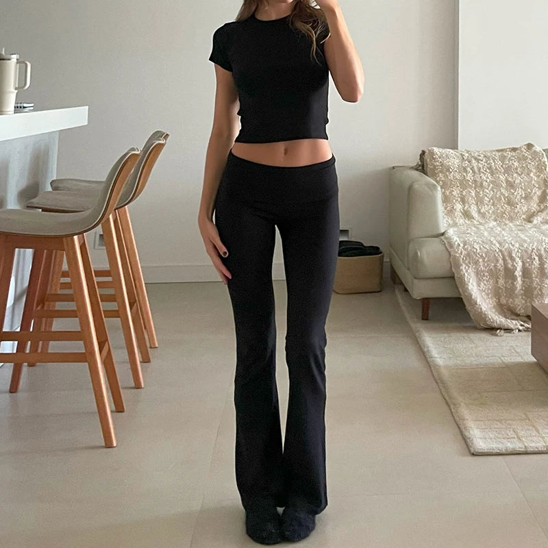 Women Casual Slim Fit 2 Piece Set Short Sleeve Crop Tops + Pants Elegant Matching Suit Vintage Y2K Rib Knitted T-shirt Outfits San Remo Shops