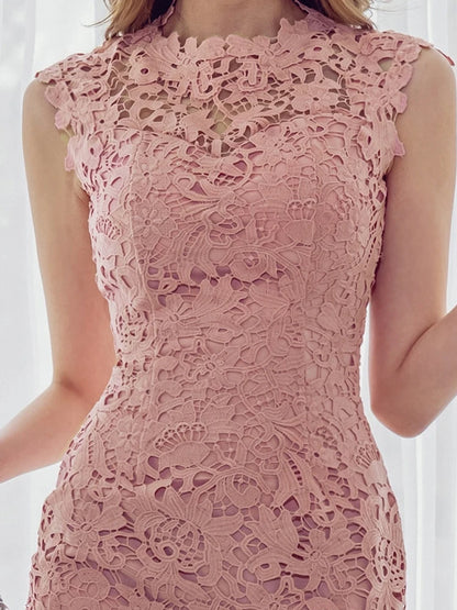 Frauen Kleidung Arbeit Stil Dame Spitze Solide Bleistift Kleid Mujer Elegante Büro Süße Hohl Sexy Ärmellose Schlank Midi Party Vestidos