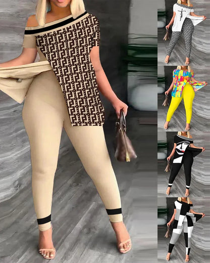 Summer Fashion Printed Two Piece Set Women Causa Off Shoulder Short  Sleeve Split T-Shirt Leggings Slim 2 Piece Suit Women