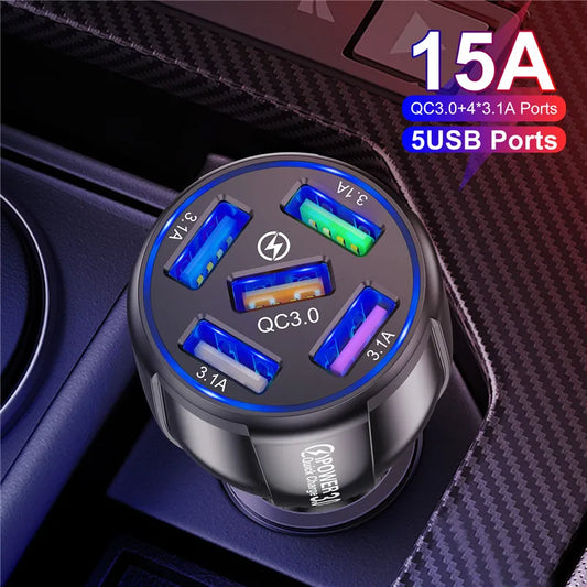 USLION 5 Port Fast Charging Car USB Charger For Xiaomi redmi note 10 pro Quick Charge 3.0 15A Charger Mobile Phone Charge in Car Desers