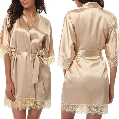 Women Sexy Robes Silk Satin Poplin Lace Robes Ladies Wedding Bridesmaid Bride Gown Kimono Solid Robe Bathrobe Sleepwear