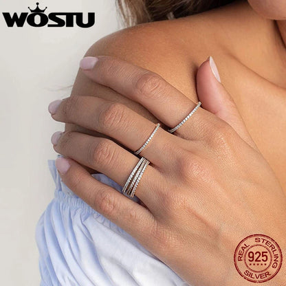 Anillos de compromiso y boda WOSTU de plata de ley 925 para mujer, llenos de circonitas cúbicas transparentes, apilables, joyería fina