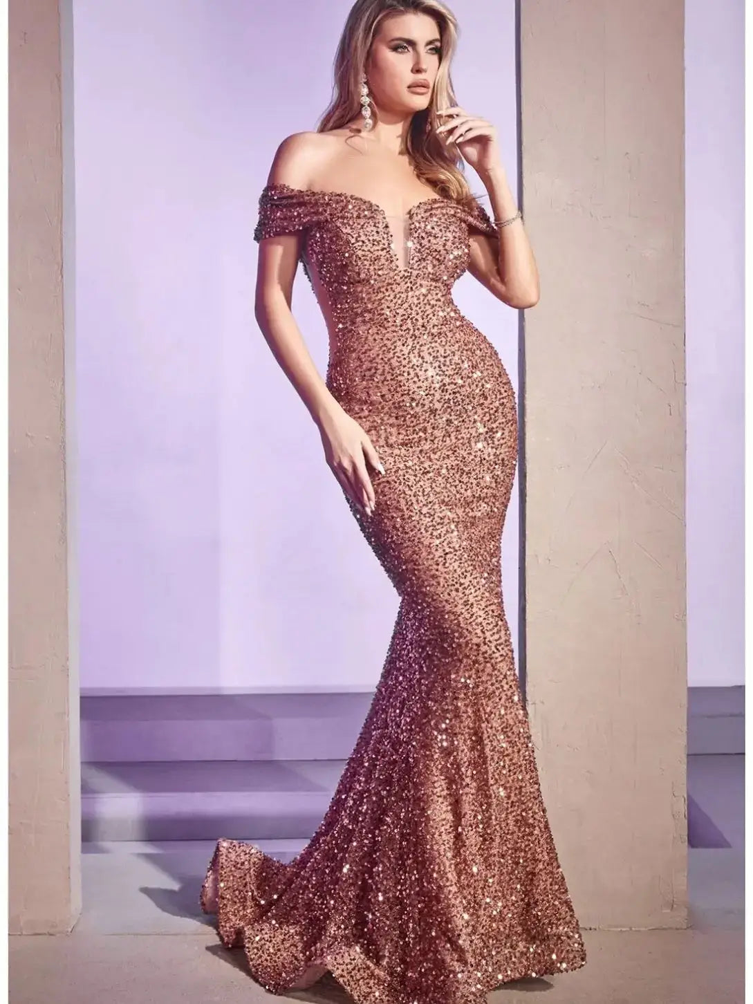 V-Neck Sexy Formal Backless Prom Party Gown Pink Elegant Sequins Off Shoulder Evening Dress Mermaid for Women San Remo Shops