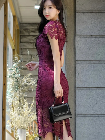 Elegant Women Evening Dress Casual Sexy Lace Sheer Floral Hollow V-Neck Short Sleeve Skinny Slim Party Club Vestido Mujer Summer