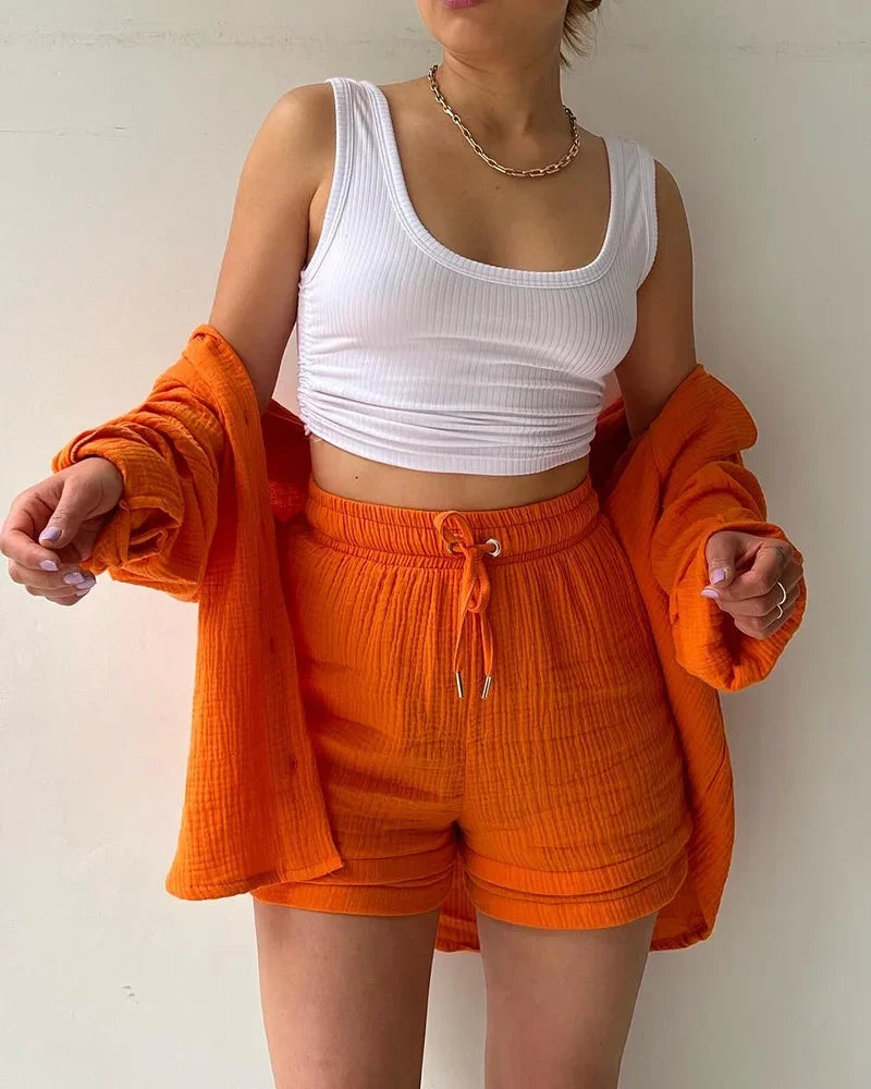 Summer Women's Suit Short Sets Outfits Muslin Suit For Women 2025 Two Piece Female Clothing Solid Button Outfits