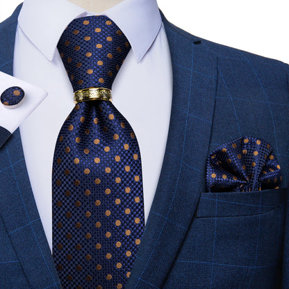 Tie Set Handkerchief Cufflinks With Gold Metal Ring 8CM Silk