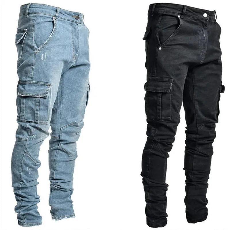 Jeans Man Pants Casual Cotton Denim Trousers Multi Pocket Cargo Pants Men Fashion Denim Trousers Men's Side Pockets Cargo jeans San Remo