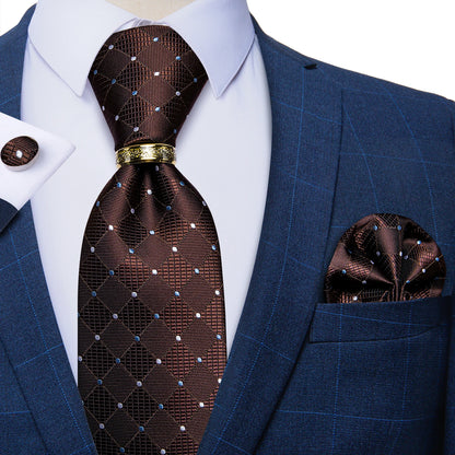 Tie Set Handkerchief Cufflinks With Gold Metal Ring 8CM Silk