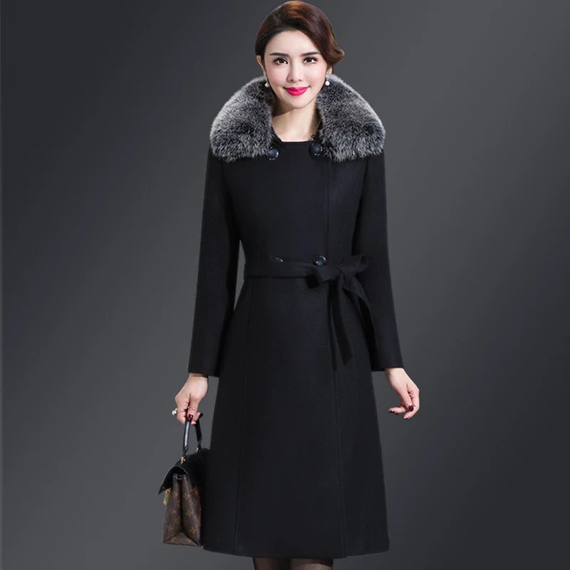 Autumn Winter Women Fashion Covered Coat Warm Pure Color Long Jacket Ladies Outwear Slim Fur Collar High Quality Clothing San Remo