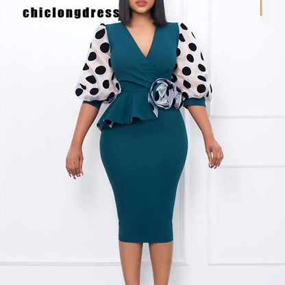 Herbstmode Elegantes Spleißenkleid Frauen Sexy V-Ausschnitt Mesh Puffärmel Rüschen Schlankes Kleid Frauen