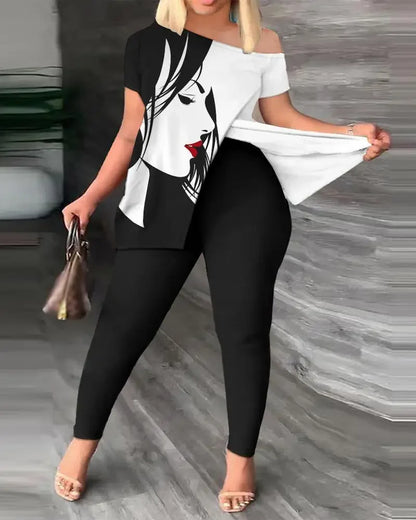 Summer Fashion Printed Two Piece Set Women Causa Off Shoulder Short  Sleeve Split T-Shirt Leggings Slim 2 Piece Suit Women