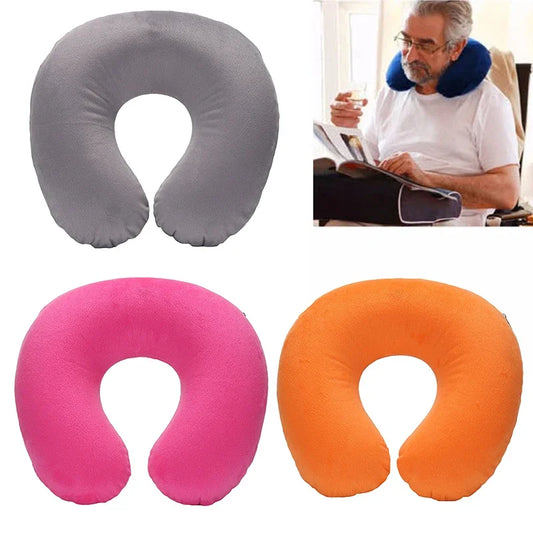 U-shaped Travel Pillow Car Air Flight Office Inflatable Neck Pillow Short Plush Cover PVC Support Headrest Soft Nursing Cushion San Remo Shops