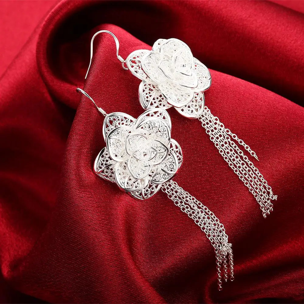 Charms high quality 925 Sterling Silver Beautiful tassel Flowers Earrings for Women fashion party wedding Jewelry Gifts San Remo Shops