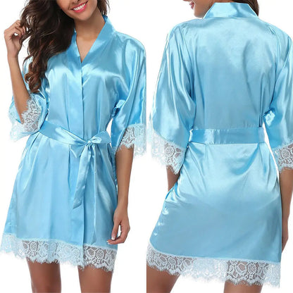 Women Sexy Robes Silk Satin Poplin Lace Robes Ladies Wedding Bridesmaid Bride Gown Kimono Solid Robe Bathrobe Sleepwear