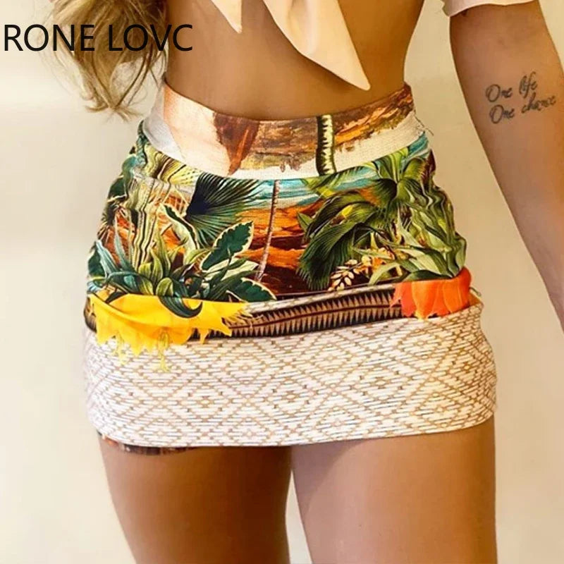 Women Off Shoulder Tie Front Top & Tropical Print Skirt Set  Casual 2 Pieces Set San Remo Shops