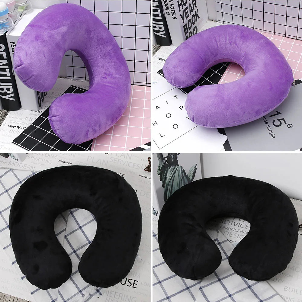 U-shaped Travel Pillow Car Air Flight Office Inflatable Neck Pillow Short Plush Cover PVC Support Headrest Soft Nursing Cushion San Remo Shops