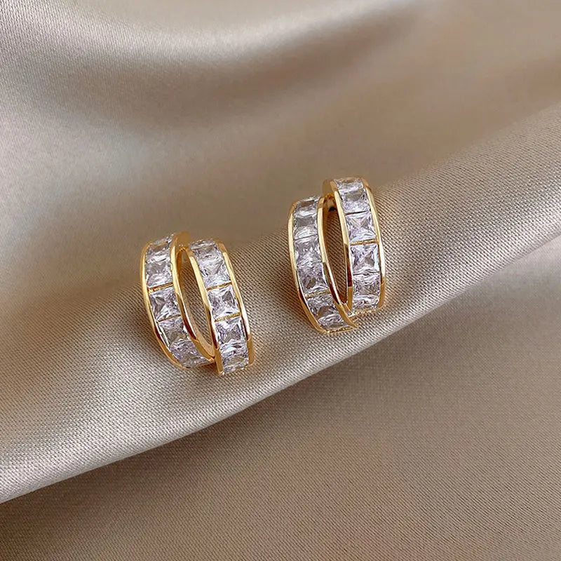 New Creative Double Row Zircon Golden C-shaped Stud Earrings For Women Fashion Charm Ladies Earrings Party Gift Jewelry San Remo