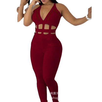 jumpsuits Casual Trendy Skinny Hollowed Out Sleeveless Hanging Neck One-Pieces