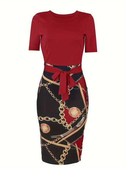 wrap-around dress, Women's Colorblock Chain Print Short Sleeve Round Neck Slight Stretch Slim Fit Mini Dress With Belt
