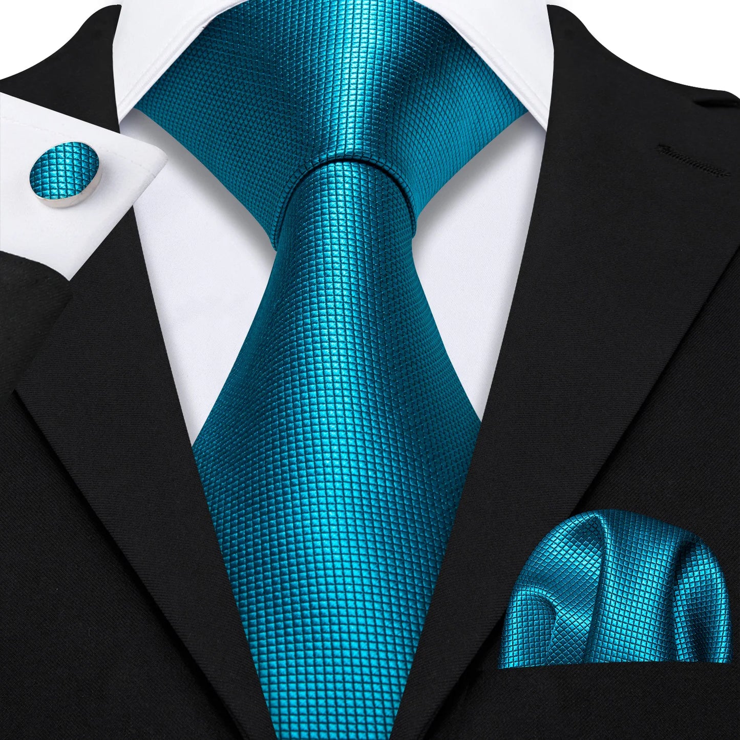 Fashion Teal Men Necktie With Brooch Pocket Square Cufflinks Sets Exquisite Silk Solid