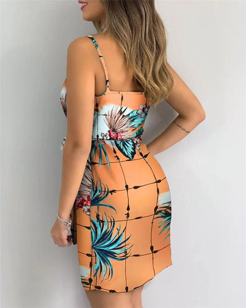 Women's Sexy V-Neck Spaghetti Strap Bodycon Dress, Slim Fit Party Dress with Waist Belt, Summer Cocktail Dress