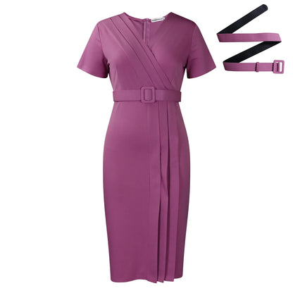 2024 Summer Women's Elegant Bodycon Dress Temperament Commuter Pencil Dress Lady Classic Short Sleeve Wrap Hip Dresses with Belt