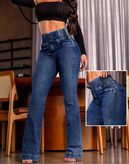 Back button, front high waisted jeans,