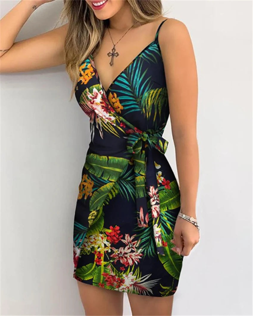 Women's Sexy V-Neck Spaghetti Strap Bodycon Dress, Slim Fit Party Dress with Waist Belt, Summer Cocktail Dress