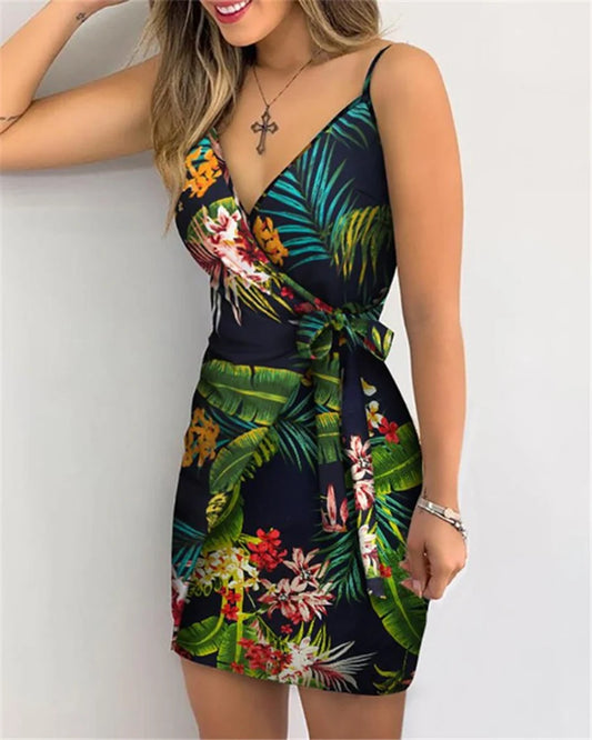 Women's Sexy V-Neck Spaghetti Strap Bodycon Dress, Slim Fit Party Dress with Waist Belt, Summer Cocktail Dress