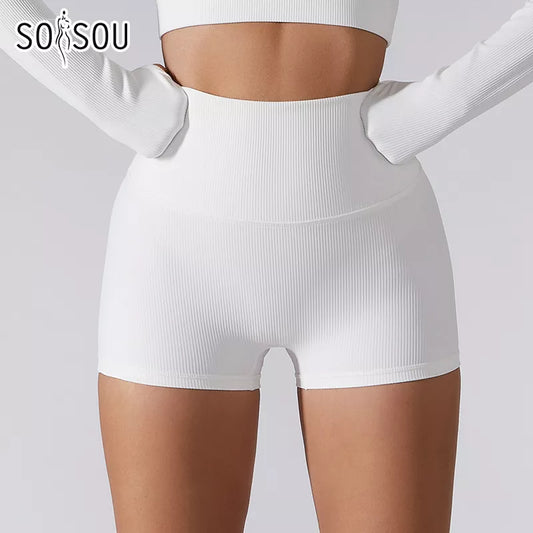 SOISOU Rib Fabric Yoga Shorts Women Sport Gym Fitness Short Seamless High Waist Breathable Elastic Women's Cycling Shorts San Remo Shops