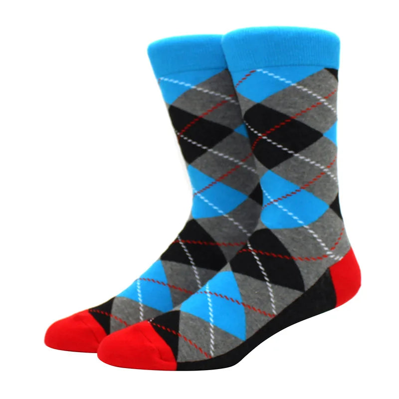 Men Socks  Colorful Cotton Geometric Lattice stripe Classic Happy Business Casual Socks Men