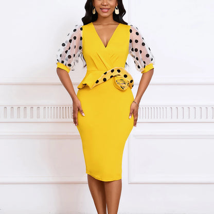 Kleid Büroarbeit für Frauen V-Ausschnitt Halbarm Polka Dot V-Ausschnitt Etuikleid Paket Hüfte Mitte Wade Professionelles Businesskleid Midi OL