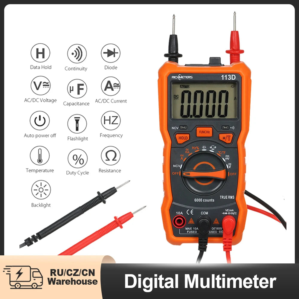 RICHMETERS RM113D Digital Multimeter 6000 Counts NCV Voltage Temperature Measuring Meter with Magnetic Suction Flash Light San Remo