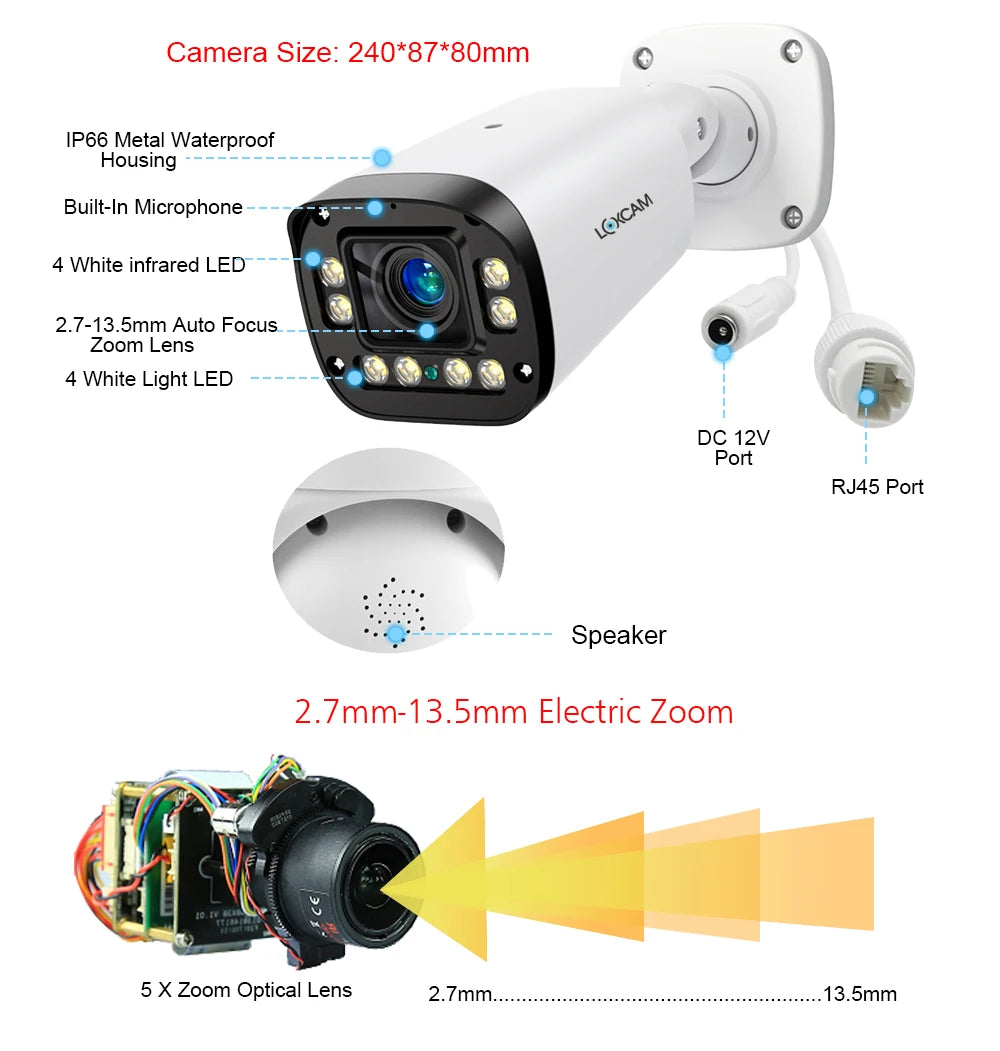 LOXCAM 4K Security IP Camera Ai Face Detection 8MP Auto Focus Lens 2.7-13mm 5x Zoom Video Surveillance POE Camera Two Way Audio San Remo Shops