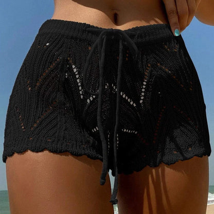 Womens Beach Shorts Hollow Out Knitted Lace Drawstring Elastic Waist Soft Breathable Loose High Waist Summer Bikini Shorts
