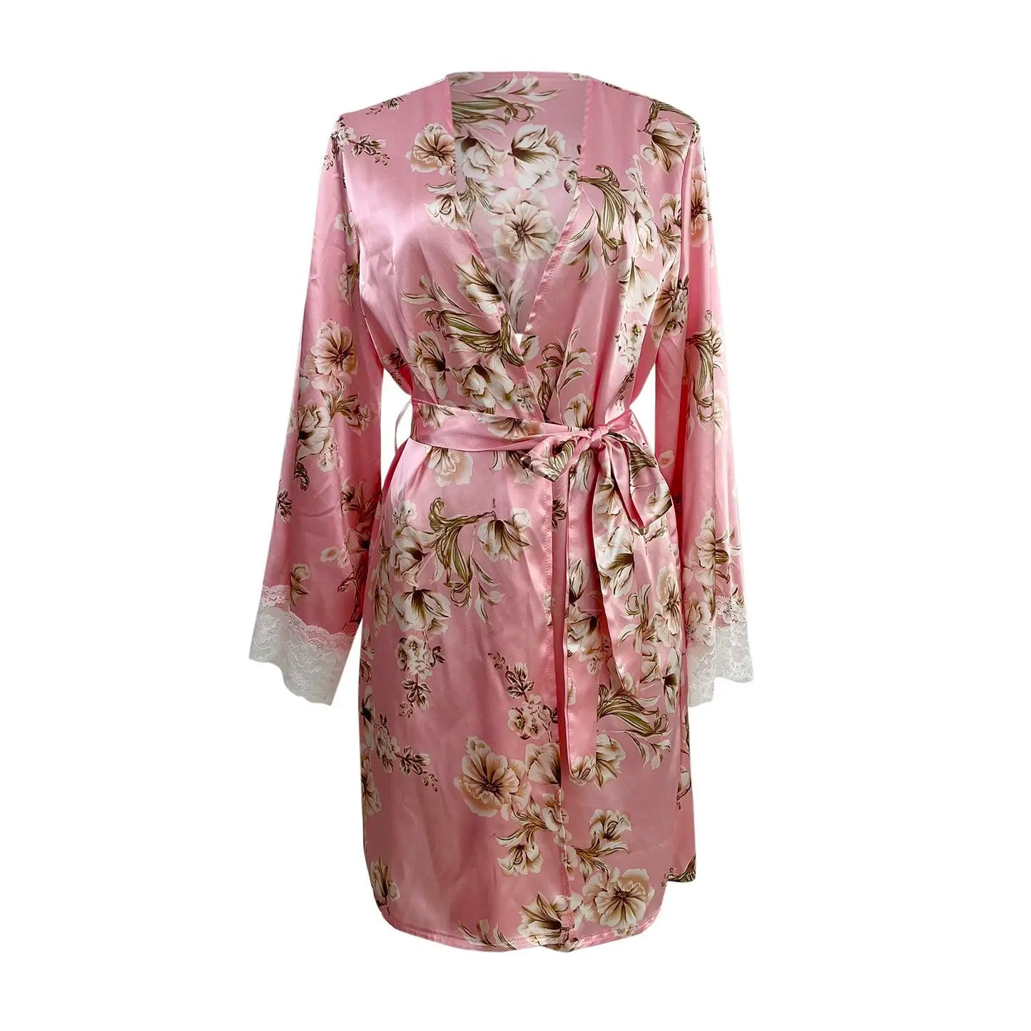 Women's Satin Nightgown Sexy Lace Patchwork Home Bathrobe Printed Robe with Belt Women's Bridal Party Casual Nightgown