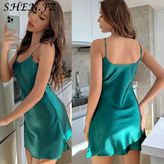 Nightie Woman U-Neck Sling Nightdress High Quality Satin Sleepwear Solid Color Soft Home Dress Female Silk Nightgown