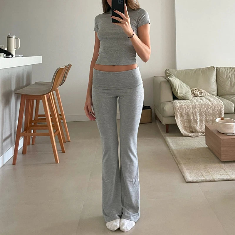 Women Casual Slim Fit 2 Piece Set Short Sleeve Crop Tops + Pants Elegant Matching Suit Vintage Y2K Rib Knitted T-shirt Outfits San Remo Shops