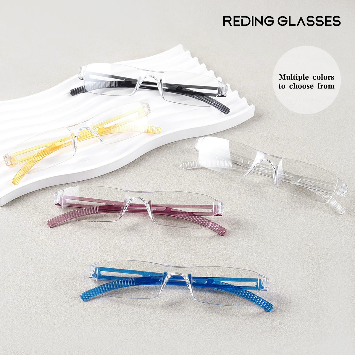 Five pairs of rimless reding glasses in different frame colors (black, yellow, clear, purple, and blue) are displayed on a light gray background with a white wave-shaped stand. Text overlays read 'REDING GLASSES' and 'Multiple colors to choose from'.