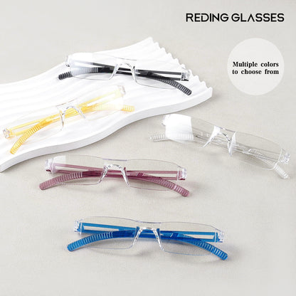 Five pairs of rimless reding glasses in different frame colors (black, yellow, clear, purple, and blue) are displayed on a light gray background with a white wave-shaped stand. Text overlays read 'REDING GLASSES' and 'Multiple colors to choose from'.